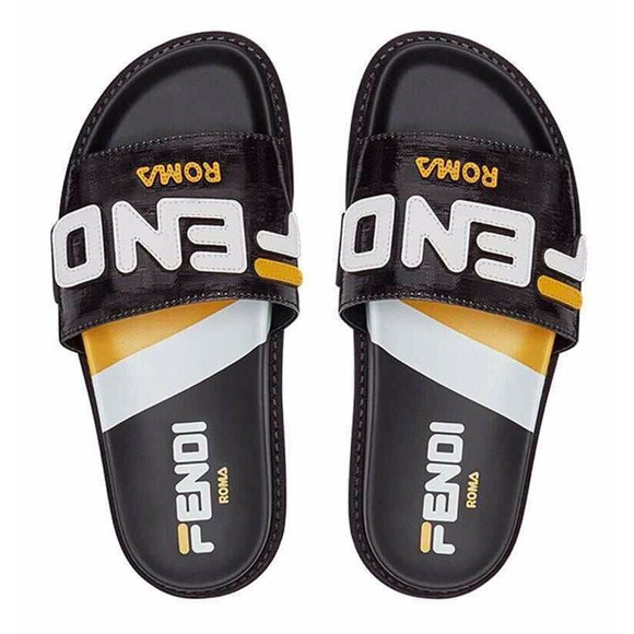 Fendi Mania Fila Black Coated Canvas FF Logo Mule Slide Flat Flip Flop Sandal 37 - Picture 1 of 12